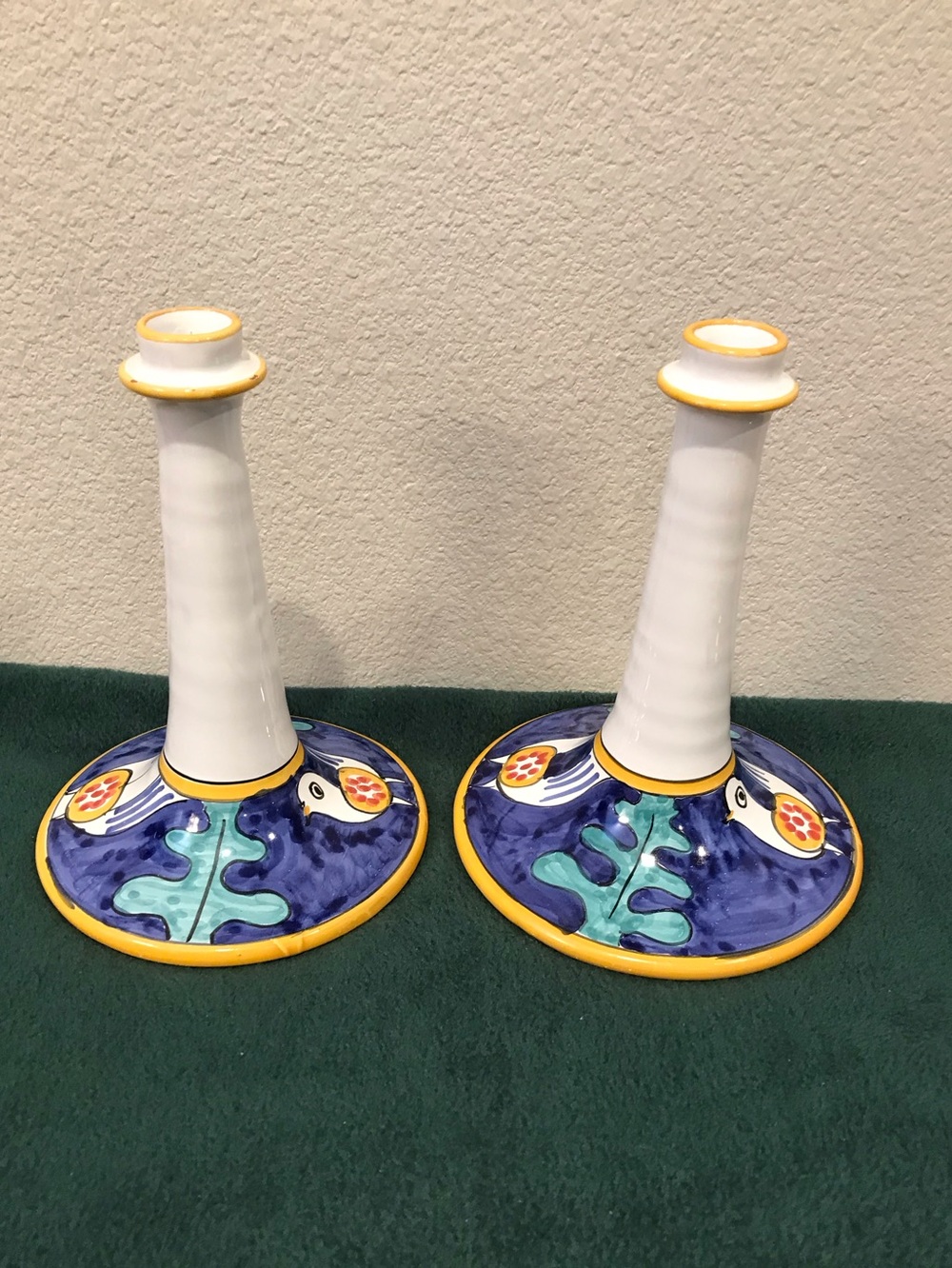 Hand-Painted Ceramic Candlestick Pair in White, Blue from Sicily